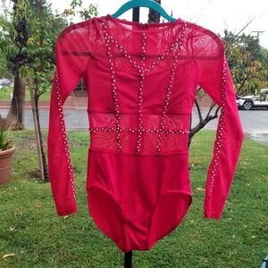 Weissman Intention-Elite Dance Costume Solo Red Caged Mesh Leotard w/Rhinestones